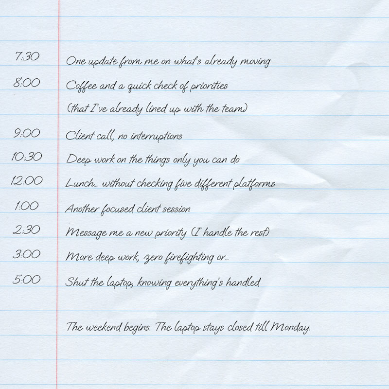 A timetable for a chaos free and organised day written on a piece of crumpled lined paper